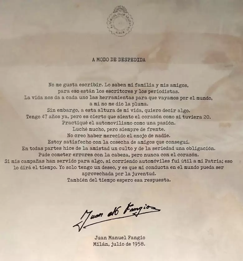 Carta de despedida de Fangio