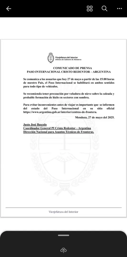 paso a Chile 27 de mayo