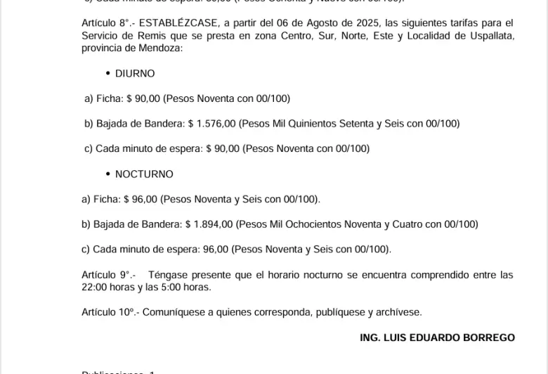 tarifas de taxis y remises