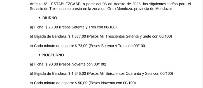 tarifas de taxis y remises
