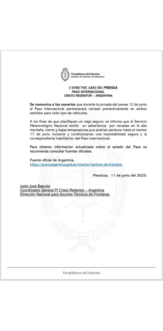 cierre del paso a Chile 12 de junio