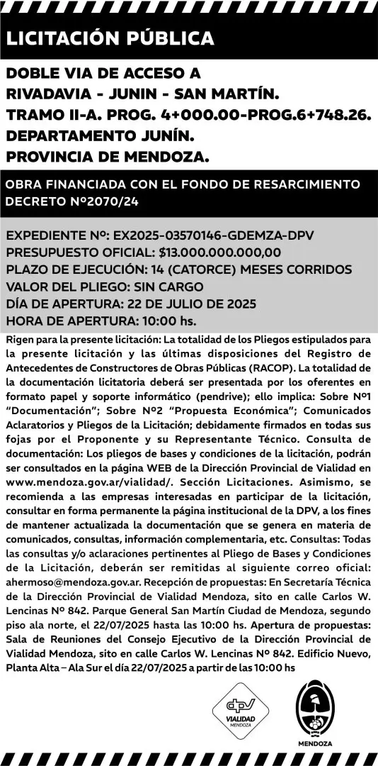 licitaci�n Doble V�a del Este