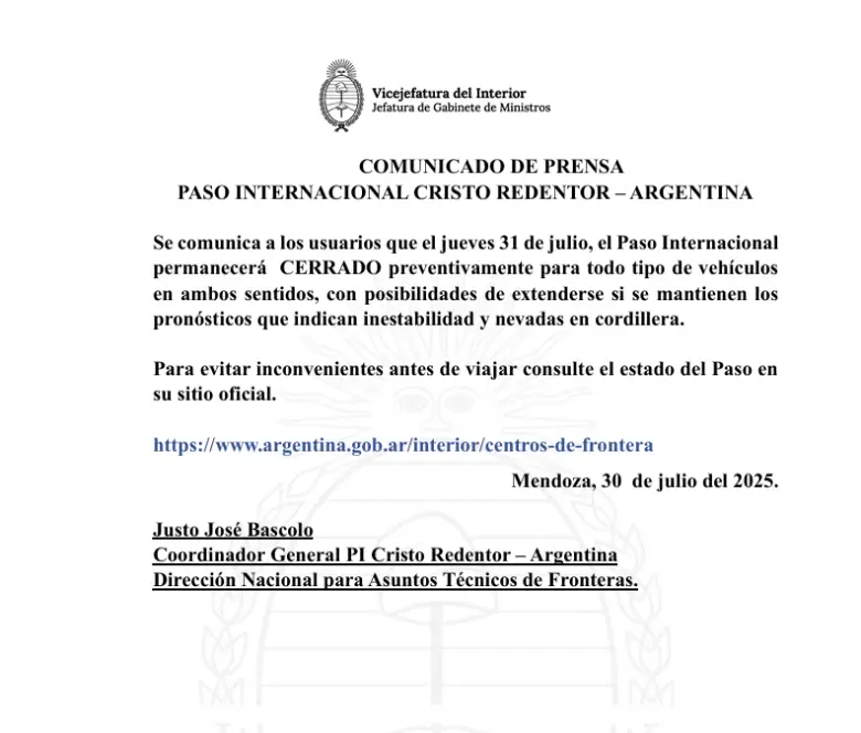 cierre del paso a Chile 31 de julio