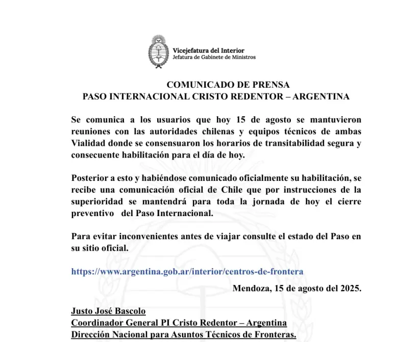 cierre del paso a chile-15 de agosto actualización