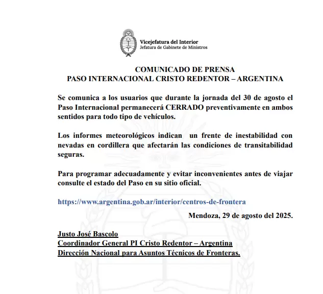 cierre del paso a Chile 30 de agosto