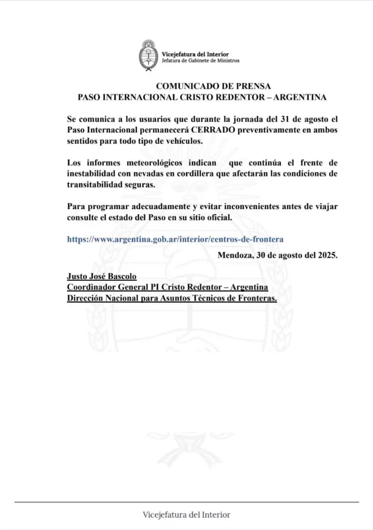 comunicado paso cristo redentor cerrado