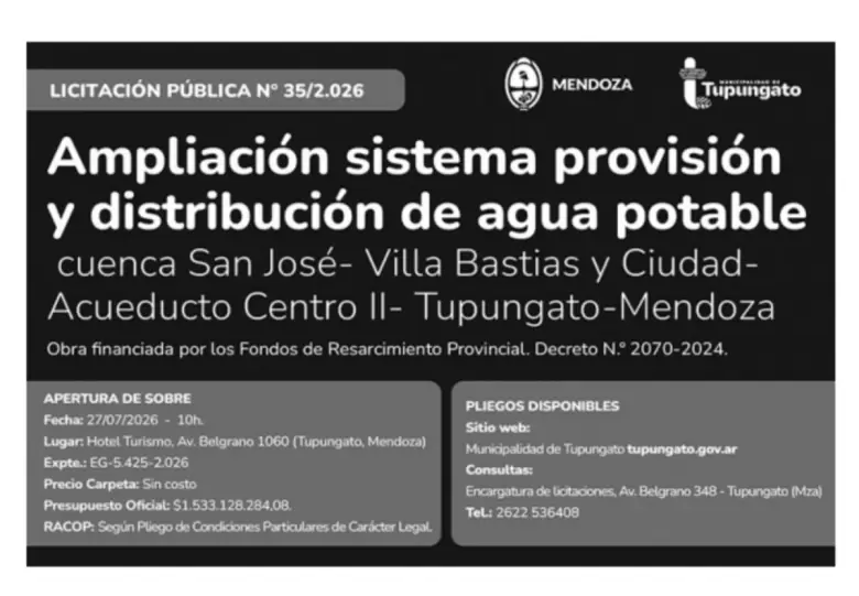 obra de agua potable en Tupungato